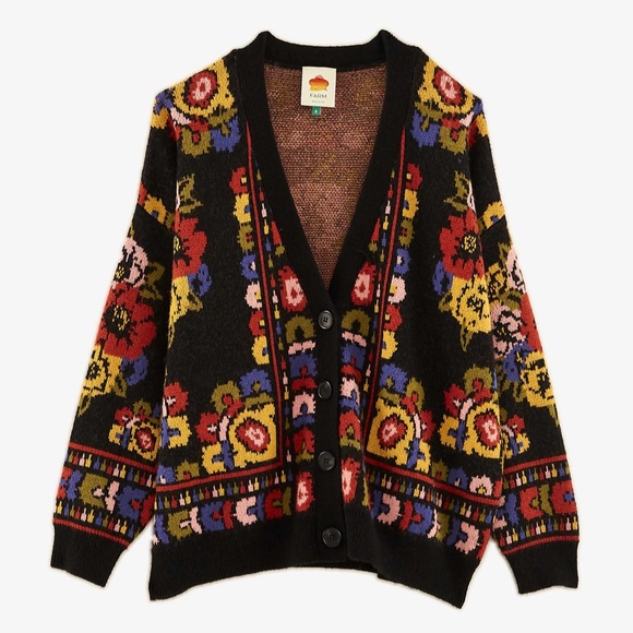 FARM Rio Sweaters - FARM Rio Black Flowers Tapestry Cardigan